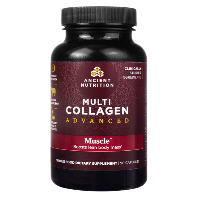 A supplement bottle labeled Ancient Nutrition Multi Collagen Advanced Muscle, promoting muscle health and containing collagen-rich ingredients for targeted benefits.