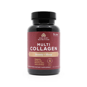 Ancient Nutrition Multi Collagen Beauty + Sleep Support 90 capsules bottle with black cap and burgundy label