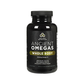 Ancient Nutrition Ancient Omegas Whole Body softgels bottle with black label and gold band, 90 softgels