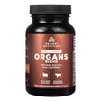 A dark amber bottle with a brown label showcasing Ancient Nutrition Organs Blend, containing grass-fed liver, heart, and kidney ingredients from New Zealand and Argentina, in 30 tablets.