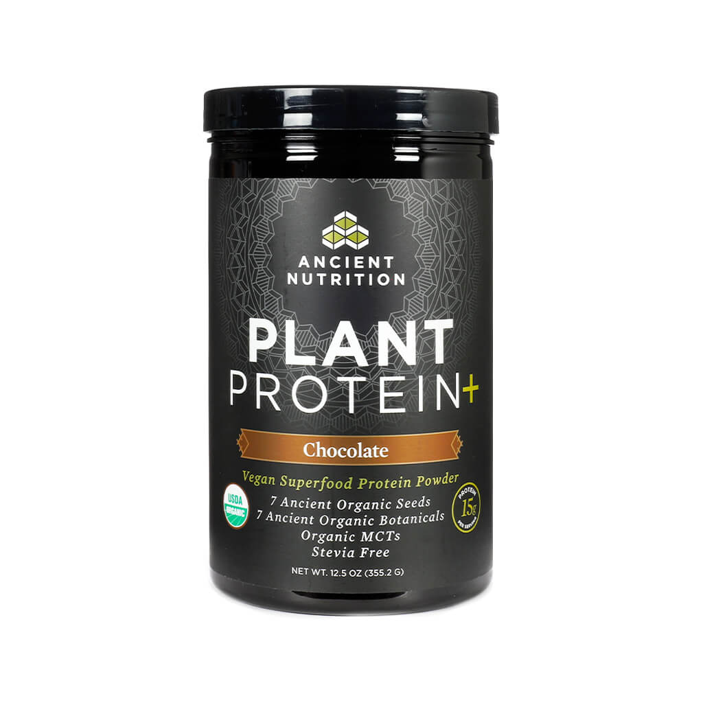 ancient nutrition plant protein+ powder chocolate 12.5 ounces 12 servings