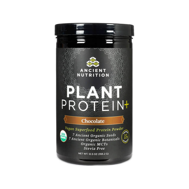 ancient nutrition plant protein+ powder chocolate 12.5 ounces 12 servings