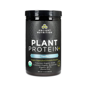 Ancient Nutrition Plant Protein+ Vanilla vegan superfood protein powder black tub 17.15 oz with gray label