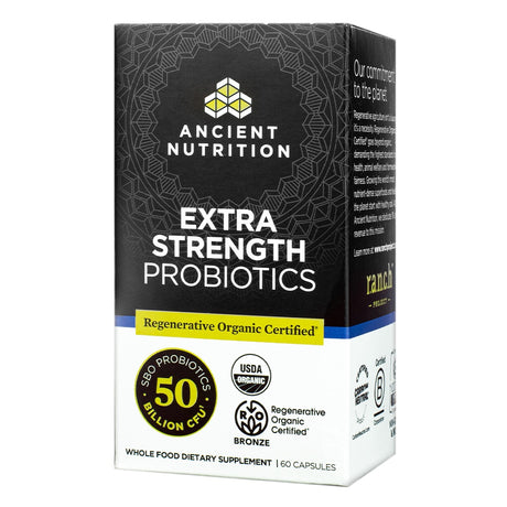 A box of Ancient Nutrition Regenerative Organic Certified™ Extra Strength Probiotics 60 capsules. It is regenerative organic certified, containing 50 billion CFU per serving in 60 capsules, emphasizing whole-food and USDA Organic credentials.