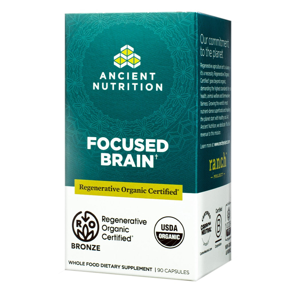 A teal box of Ancient Nutrition Focused Brain supplement with Regenerative Organic Certified™ and USDA Organic labels. Contains 90 whole-food capsules aimed at cognitive support and mental clarity.