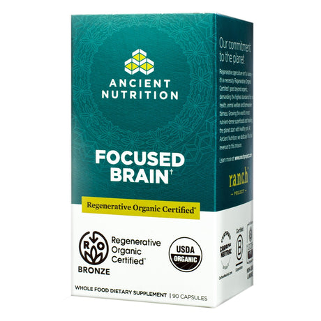 A teal box of Ancient Nutrition Focused Brain supplement with Regenerative Organic Certified™ and USDA Organic labels. Contains 90 whole-food capsules aimed at cognitive support and mental clarity.