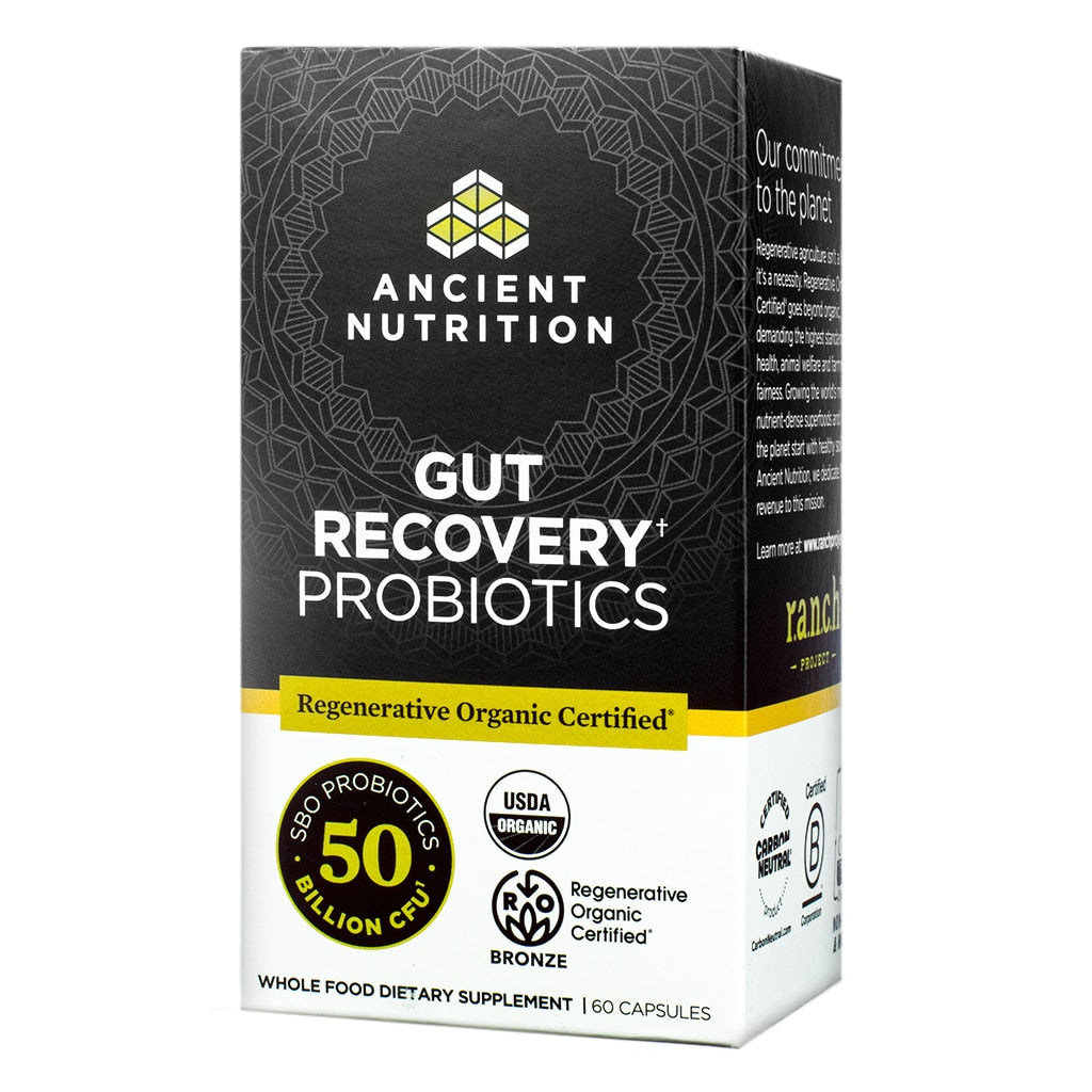 A black and yellow box of Ancient Nutrition Gut Recovery Probiotics, highlighting 50 billion CFU SBO probiotics. Includes certifications such as Regenerative Organic Certified™ and USDA Organic, with 60 capsules for digestive health.