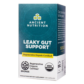 Ancient Nutrition Leaky Gut Support capsules teal and white box, 90 capsules, Regenerative Organic Certified and USDA Organic