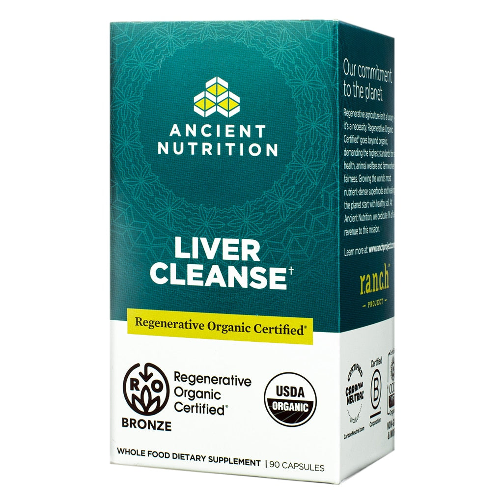 A teal-colored box of Ancient Nutrition Liver Cleanse supplement, featuring Regenerative Organic Certified™ and USDA Organic labels. The product is designed to support liver health and features 90 whole-food capsules.