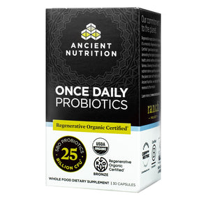 Ancient Nutrition Once Daily Probiotics capsules box, black and white with yellow accents, 30 capsules, USDA Organic label