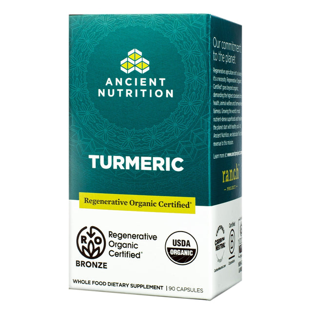 A teal box of Ancient Nutrition's Regenerative Organic Certified™ Turmeric dietary supplement, containing 90 capsules. Features certifications for USDA Organic, Regenerative Organic Certified Bronze, and emphasizes whole food nutrition.