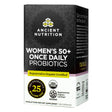 A black and teal box of Ancient Nutrition's Women's 50+ Once Daily Probiotics, featuring 25 billion CFU of SBO probiotics. Highlights certifications including USDA Organic and Regenerative Organic Certified Bronze, designed for digestive and women's health.