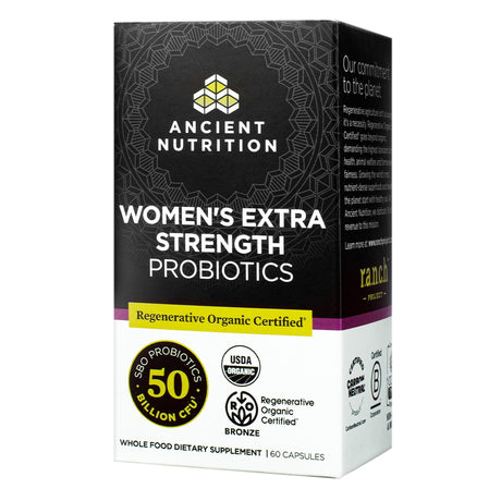 A black and teal box of Ancient Nutrition's Women's Extra Strength Probiotics with 50 billion CFU of SBO probiotics, showcasing USDA Organic and Regenerative Organic Certified Bronze credentials.