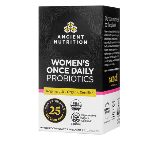 A black box labeled "Ancient Nutrition Women’s Once Daily Probiotics." It contains 25 billion CFUs per serving, USDA Organic certification, and supports gut health with regenerative organic certified SBO probiotics, offering 30 capsules as a whole food dietary supplement.