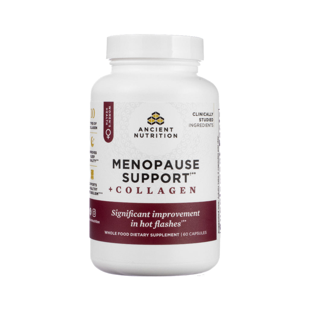Front label view of Ancient Nutrition Menopause Support + Collagen Capsules, 60-count, with soft purple label, clear typography, and branding elements highlighting menopause symptom support and collagen benefits.

