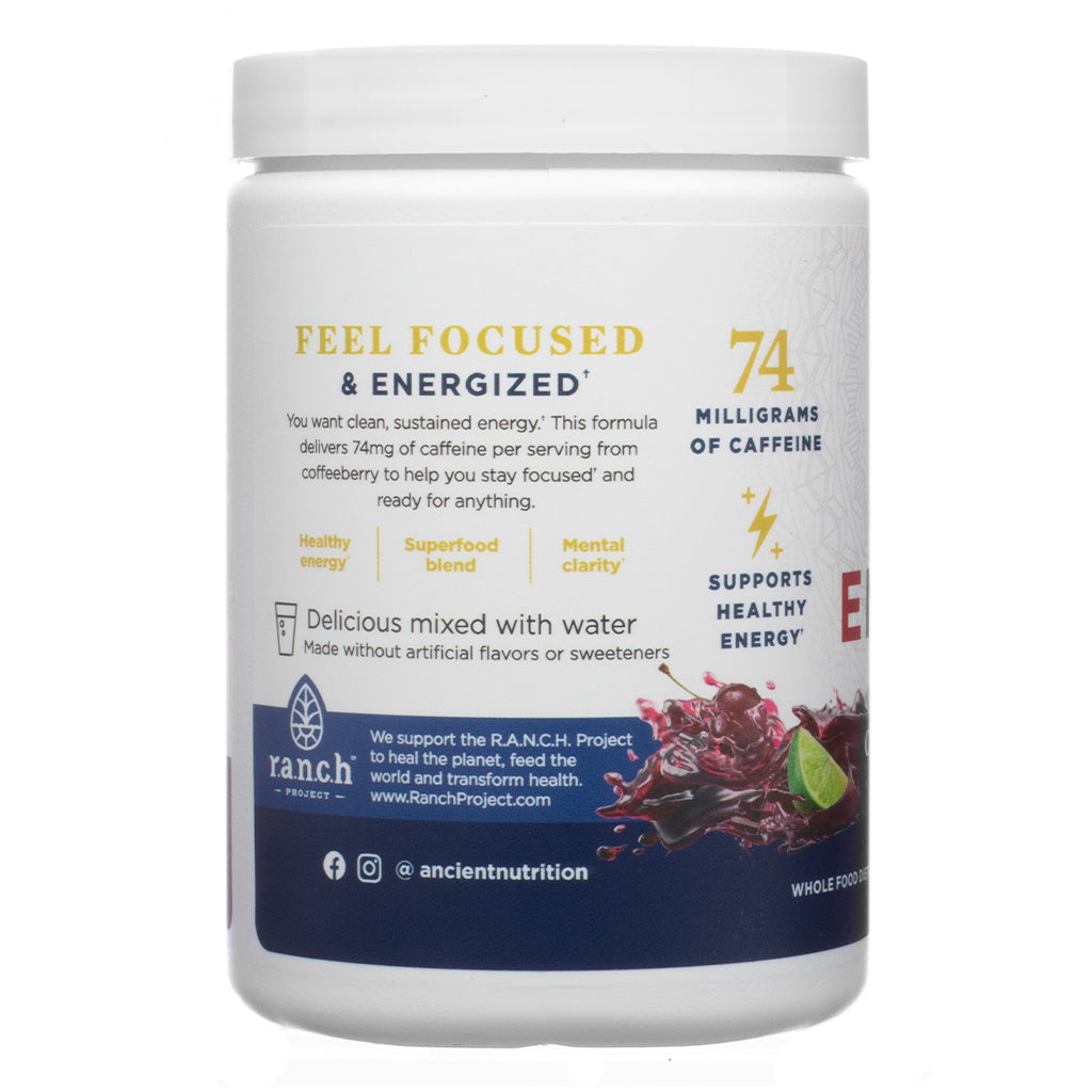 The back label of Ancient Nutrition Clean Energy Cherry Limeade 4.4 oz includes product benefits like mental clarity and sustained energy, with icons and descriptive text about the formula’s caffeine content and clean ingredient profile.