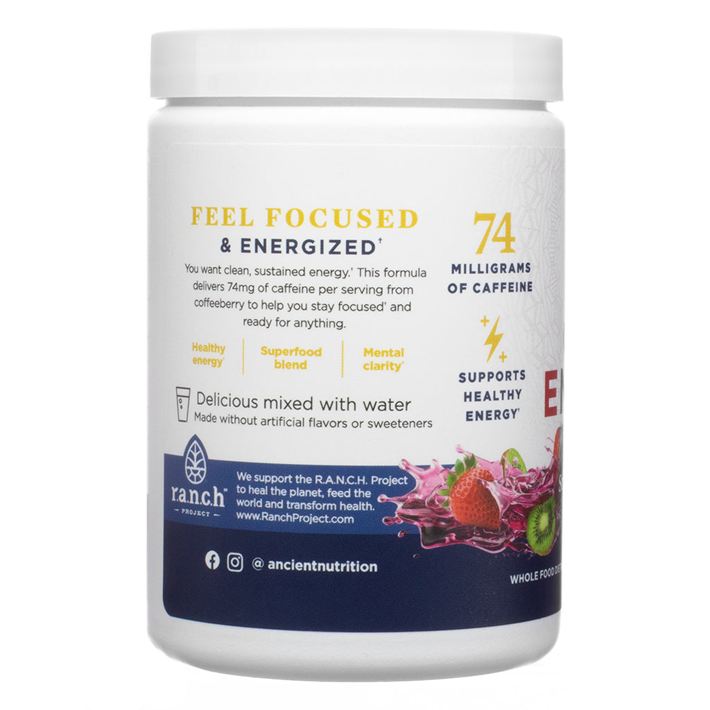 The back label of Ancient Nutrition Clean Energy Strawberry Kiwi 4.3 oz emphasizes benefits like mental clarity and healthy energy, with icons, usage directions, and a statement supporting the R.A.N.C.H. Project.