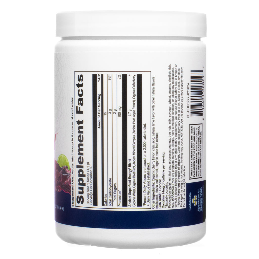 The supplement facts panel of Ancient Nutrition Clean Energy Cherry Limeade 4.4 oz, listing ingredients, nutritional values per serving, and details of the organic superfood energy blend.