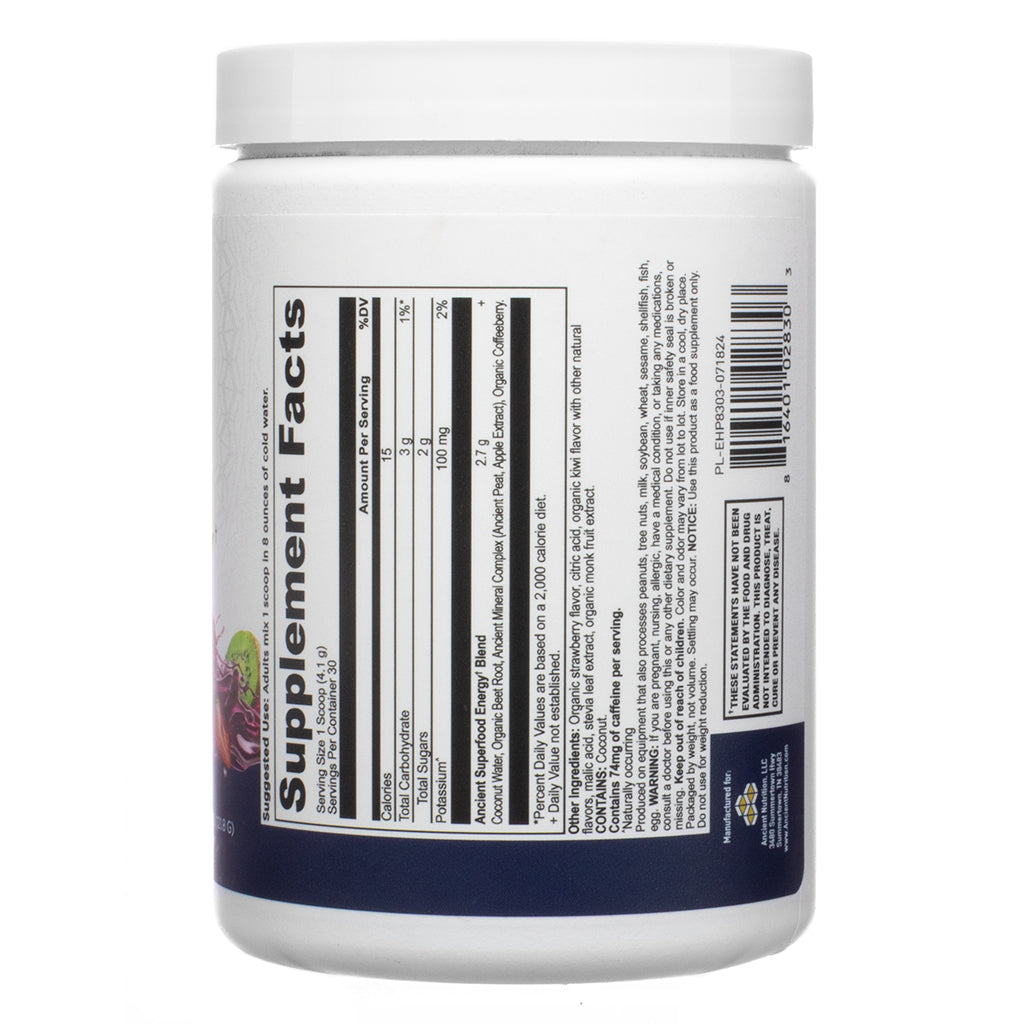 The supplement facts panel of Ancient Nutrition Clean Energy Strawberry Kiwi 4.3 oz lists calories, potassium, carbohydrate values, and details of the ancient superfood energy blend.