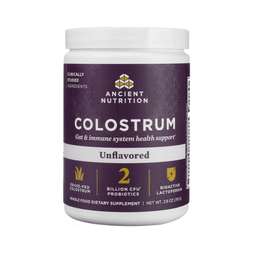 Image of Ancient Nutrition Colostrum Powder container, Unflavored, 60 servings, with clean white label, gold accents, and detailed information on immune and digestive benefits displayed on the front.