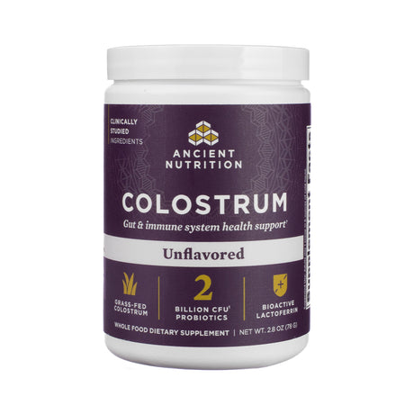 Image of Ancient Nutrition Colostrum Powder container, Unflavored, 60 servings, with clean white label, gold accents, and detailed information on immune and digestive benefits displayed on the front.