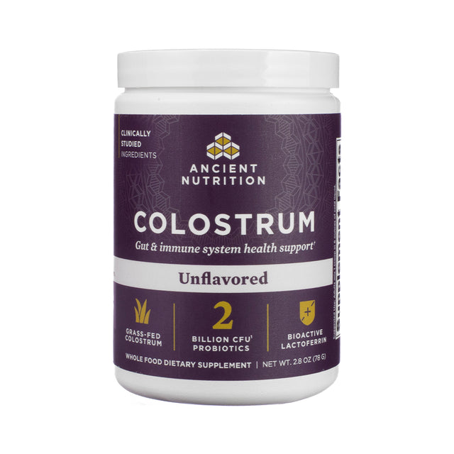Image of Ancient Nutrition Colostrum Powder container, Unflavored, 60 servings, with clean white label, gold accents, and detailed information on immune and digestive benefits displayed on the front.