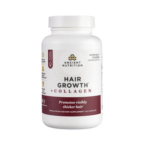 Ancient Nutrition Hair Growth + Collagen capsules, white 60-capsule bottle with white and rose label front