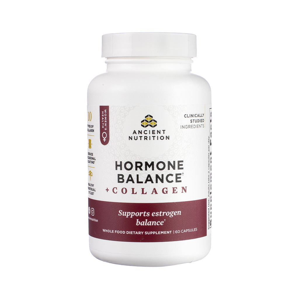 High-resolution front label of Ancient Nutrition Hormone Balance + Collagen Capsules, 60-count bottle, with calming lavender tones, branding, and callouts supporting female hormone health and skin elasticity.

