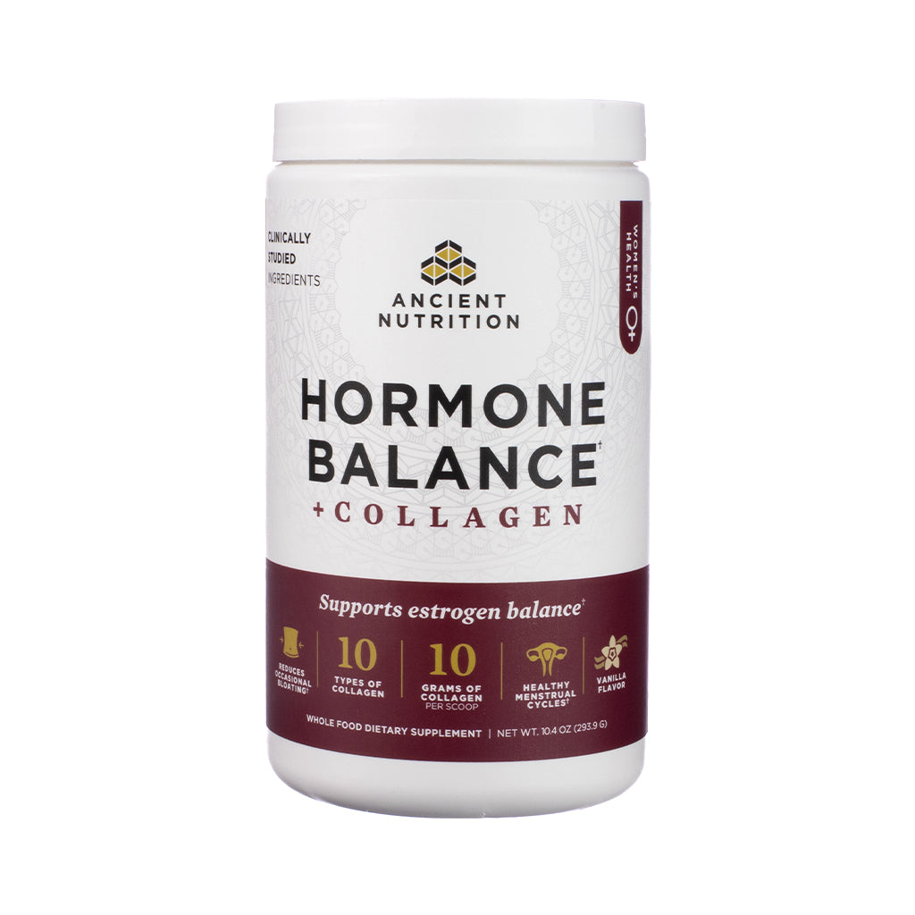 Image of Ancient Nutrition Hormone Balance + Collagen Powder, front label with soft purple-pink tones, 30 servings, highlighting support for female hormone balance, collagen, and skin health.