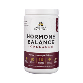 Ancient Nutrition Hormone Balance + Collagen powder, white 30-serving tub with purple label and white lid