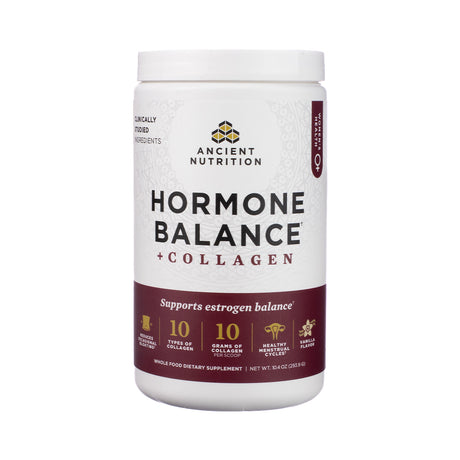 Image of Ancient Nutrition Hormone Balance + Collagen Powder, front label with soft purple-pink tones, 30 servings, highlighting support for female hormone balance, collagen, and skin health.