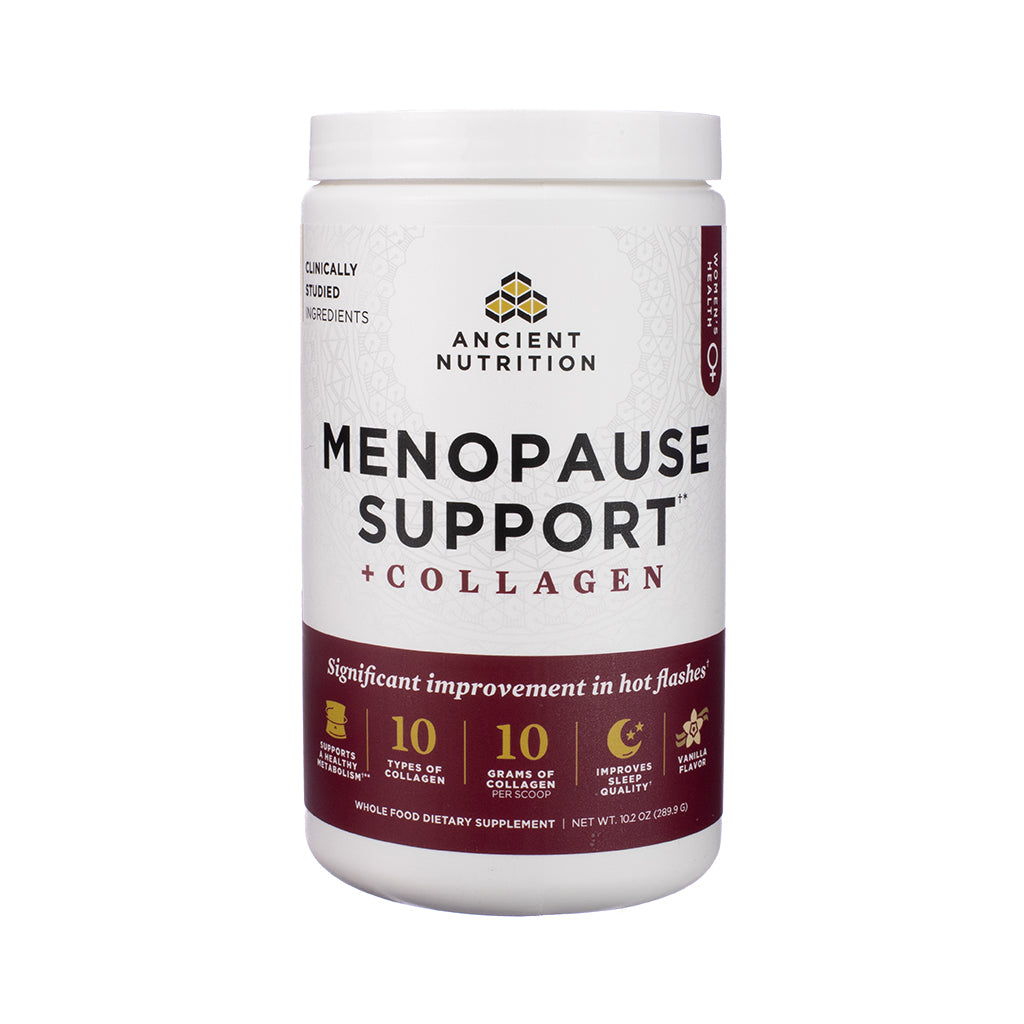 Front label of Ancient Nutrition Menopause Support + Collagen Powder, 30 servings, in mauve and gold packaging, showcasing menopause support benefits and collagen for skin and joint health.