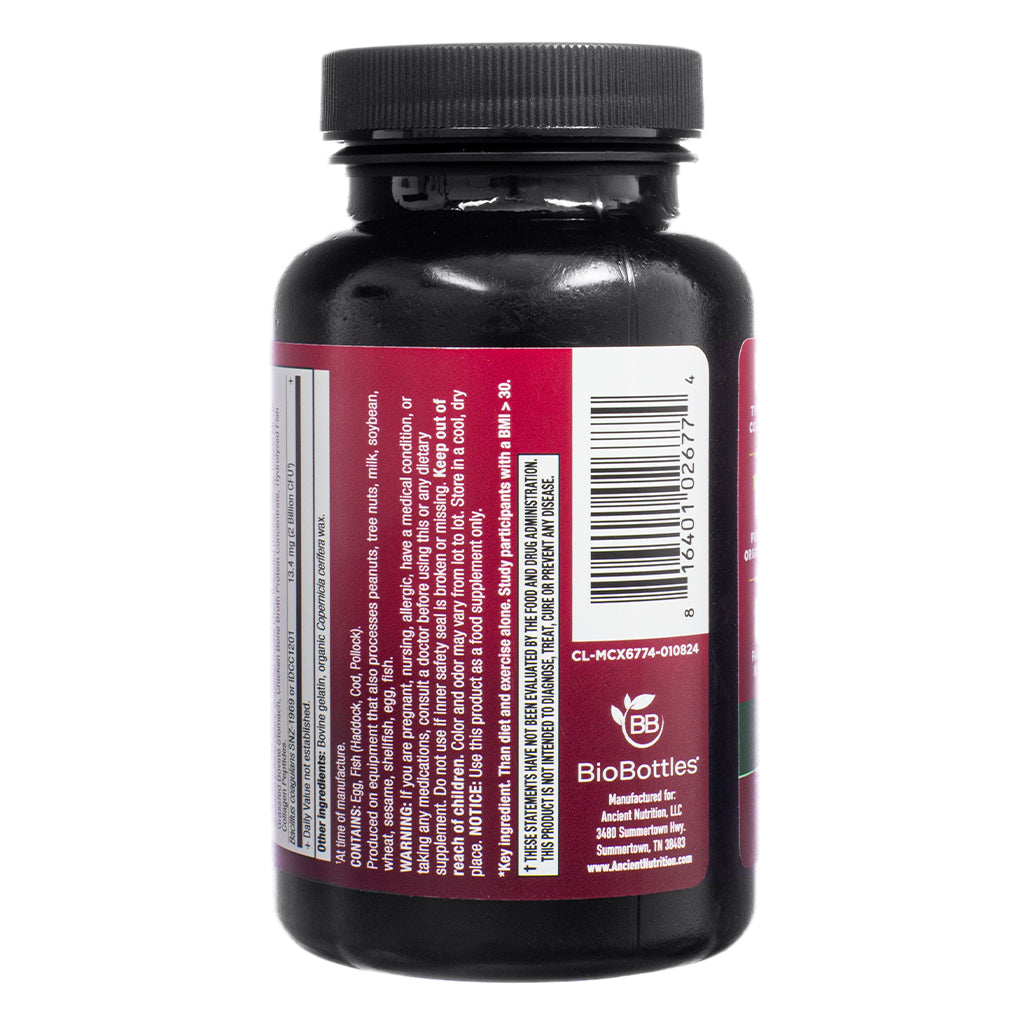 The back label of Ancient Nutrition Multi Collagen Advanced Lean 90 Capsules includes product information, manufacturer details, and supplement warnings. Barcode and BioBottles logo are visible.