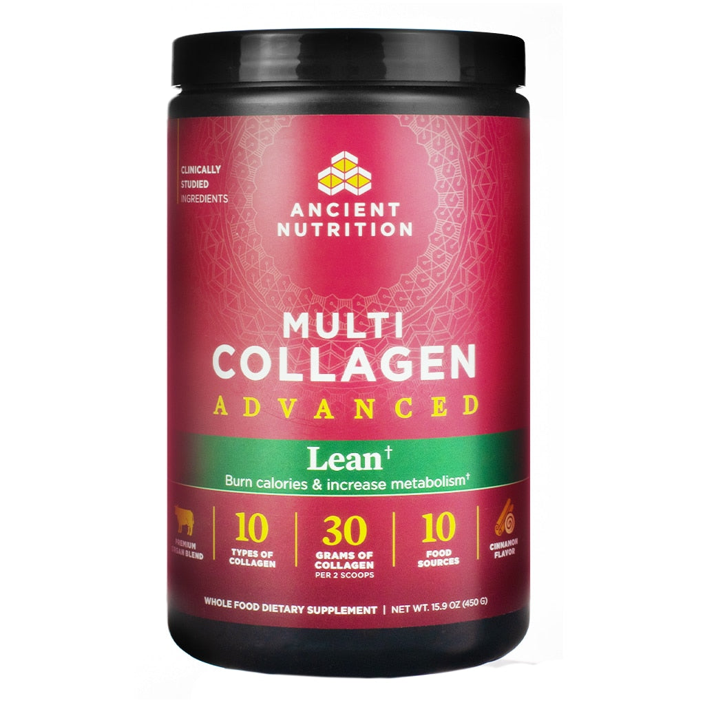 The front label of Ancient Nutrition Multi Collagen Advanced Lean Cinnamon 15.9 oz displays key benefits like burning calories and increasing metabolism, along with product highlights such as 10 types of collagen, 30 grams per serving, and cinnamon flavor.