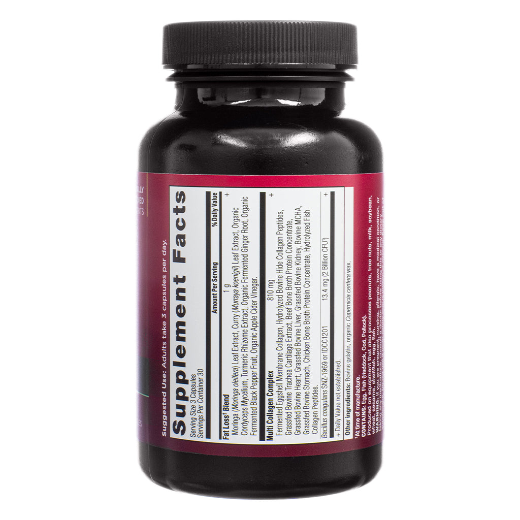 The supplement facts panel of Ancient Nutrition Multi Collagen Advanced Lean 90 Capsules lists ingredients in the Fat Loss Blend and Multi Collagen Complex, with serving size, suggested use, and proprietary blends.
