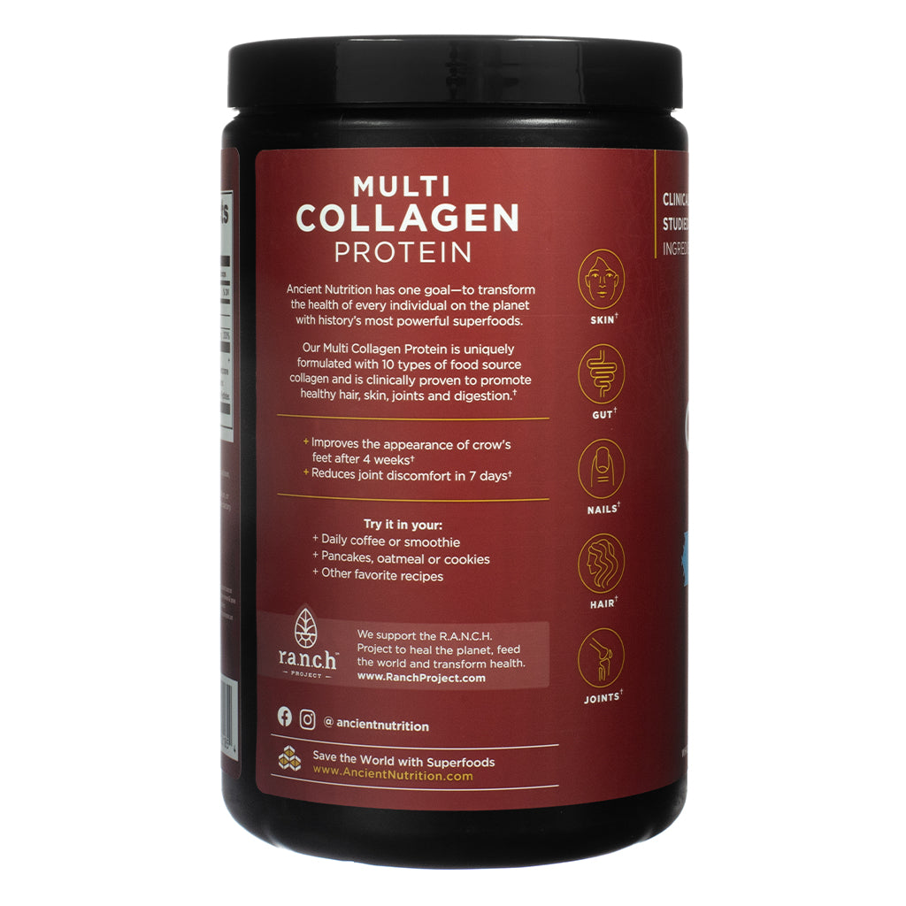 Side panel of Ancient Nutrition Multi Collagen Protein Vanilla 16.7 oz highlighting benefits for skin, gut, nails, joints, and hair. Includes usage suggestions like mixing into coffee or pancakes and features branding for the R.A.N.C.H. Project and Ancient Nutrition mission statement.