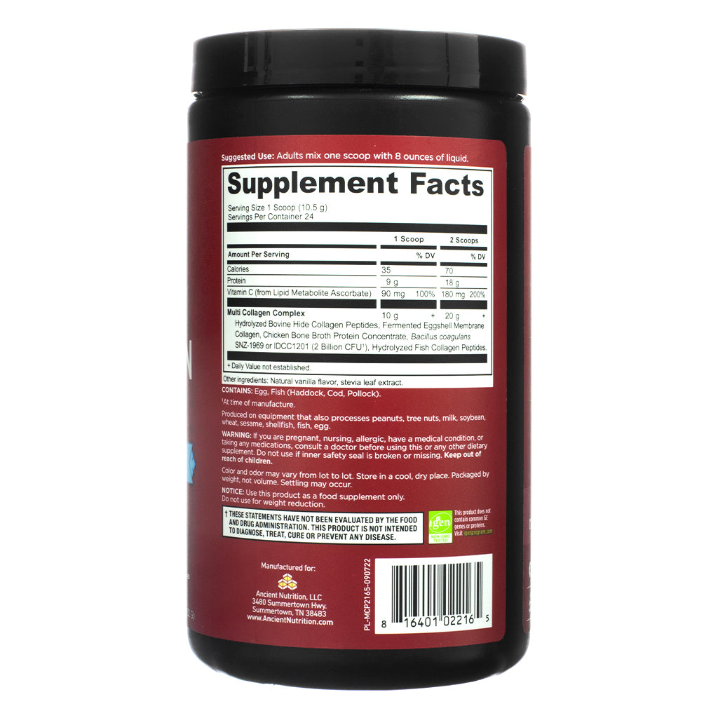 Supplement Facts for Ancient Nutrition Multi Collagen Protein Vanilla, highlighting 1 scoop (10.5 g) as the serving size with 24 servings per container. Each serving provides 9 g protein, 90 mg Vitamin C, and a 10 g Multi Collagen Complex containing collagen from bovine, chicken, and fish sources.