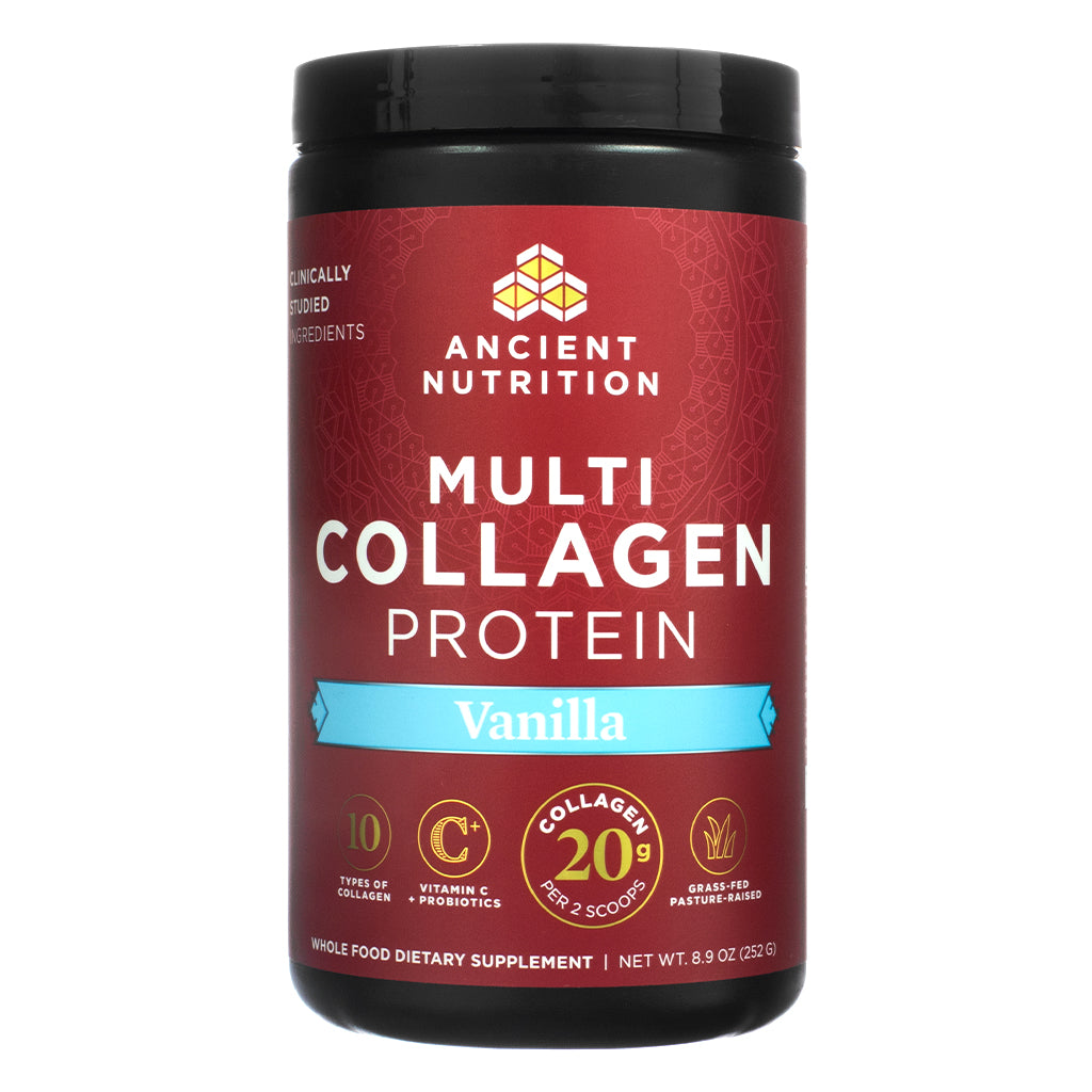 Front label of Ancient Nutrition Multi Collagen Protein in Vanilla flavor, showing 20 grams of collagen per 2 scoops, with added Vitamin C and probiotics, featuring 10 collagen types. The product is a whole food dietary supplement in an 8.9 oz (252 g) black and red container.