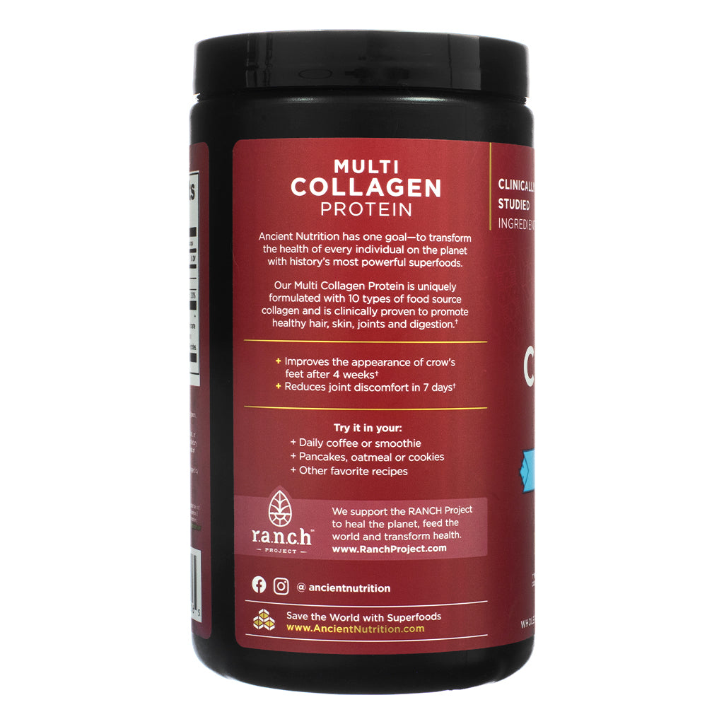 Product blurb for Ancient Nutrition Multi Collagen Protein Vanilla, noting clinical support for healthy skin, joints, and digestion. Claims include reduced crow’s feet after 4 weeks and less joint discomfort in 7 days. Suggested uses include adding to coffee, smoothies, or baking.