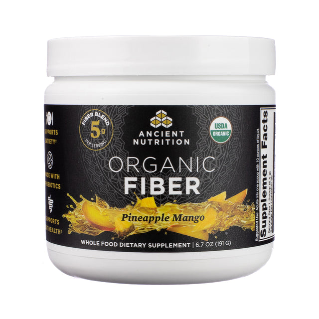 Vibrant front label of Ancient Nutrition Organic Fiber Powder in Pineapple Mango flavor, showcasing tropical fruit illustrations, bold product title, and USDA Organic certification on a gold and white container.