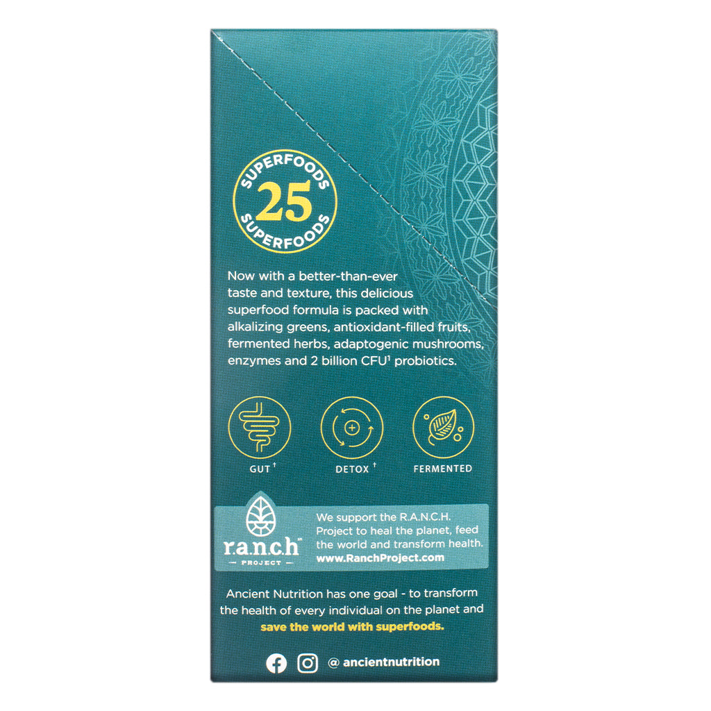 The informational panel of Ancient Nutrition Organic SuperGreens Berry 4.2 oz Stick Packs showcases benefits like gut support, detox, and fermented ingredients. It includes mission messaging and support for the R.A.N.C.H. Project.