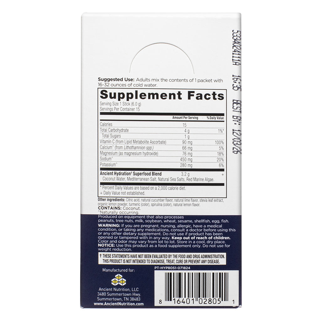 Supplement facts panel of Ancient Nutrition Rapid Hydration Lemon Lime 3.2 oz lists electrolytes, vitamin C, and a superfood blend of coconut water, Mediterranean salt, and red marine algae, with serving details and manufacturer info.