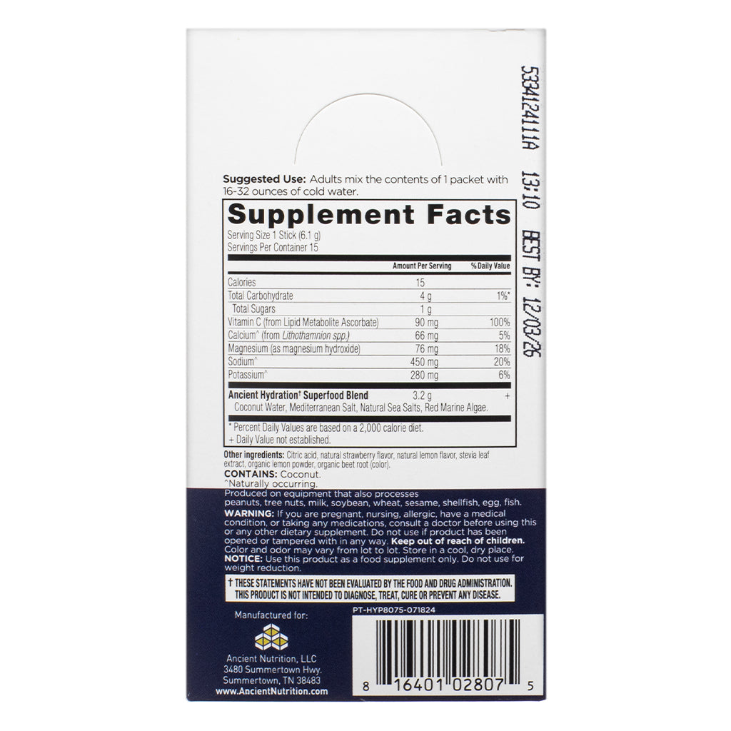 Supplement facts panel of Ancient Nutrition Rapid Hydration Strawberry Lemonade 3.2 oz details nutrition information, electrolyte content, and the Ancient Hydration Superfood Blend with coconut water, salt, and red marine algae.