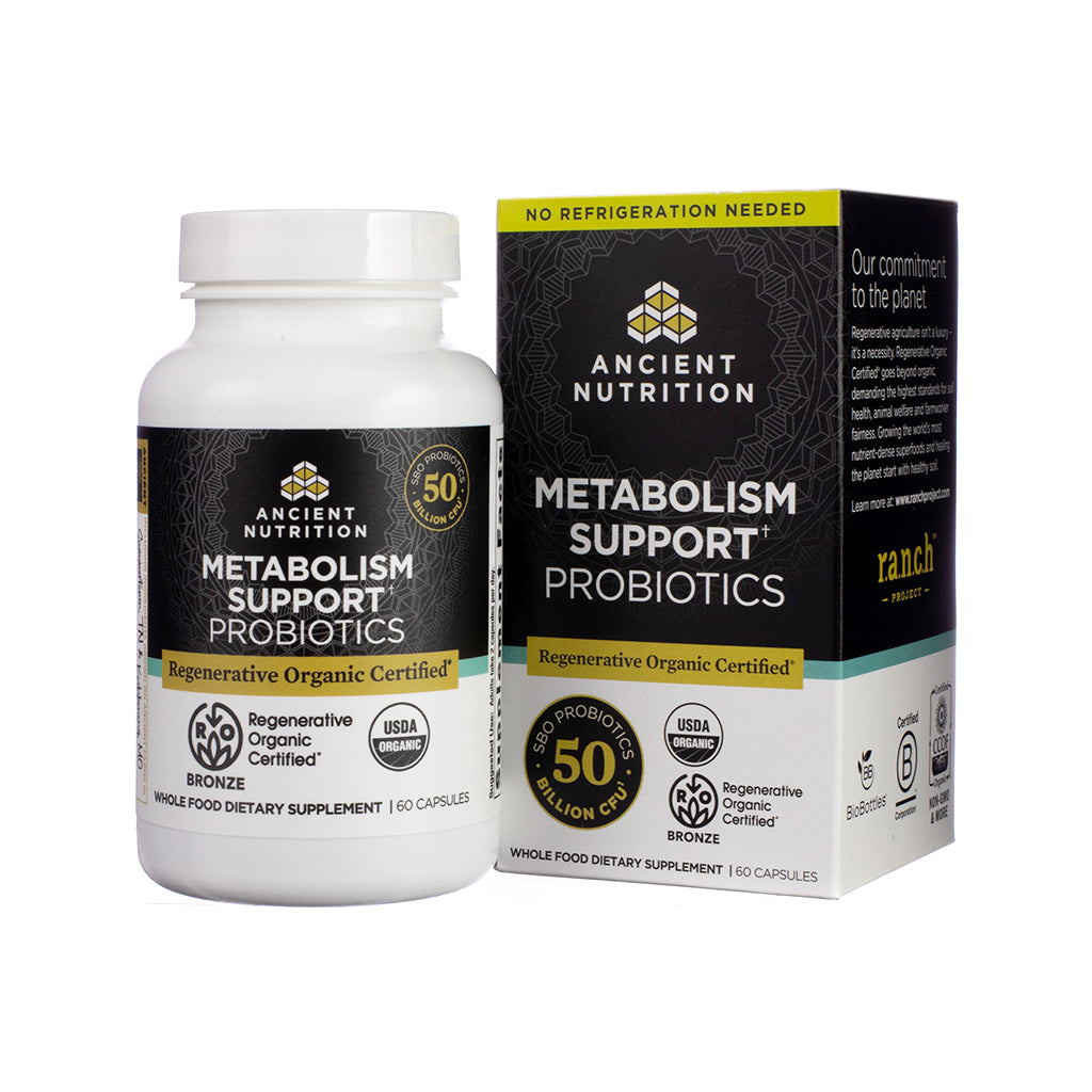 Front image of Ancient Nutrition Regenerative Organic Certified® Metabolism Support Probiotics Capsules, 60-count bottle, deep green and cream label with certification badge and claims for metabolic and digestive support.