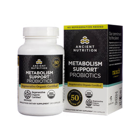 Ancient Nutrition Metabolism Support Probiotics 60 capsules bottle and box with black, cream, and green label