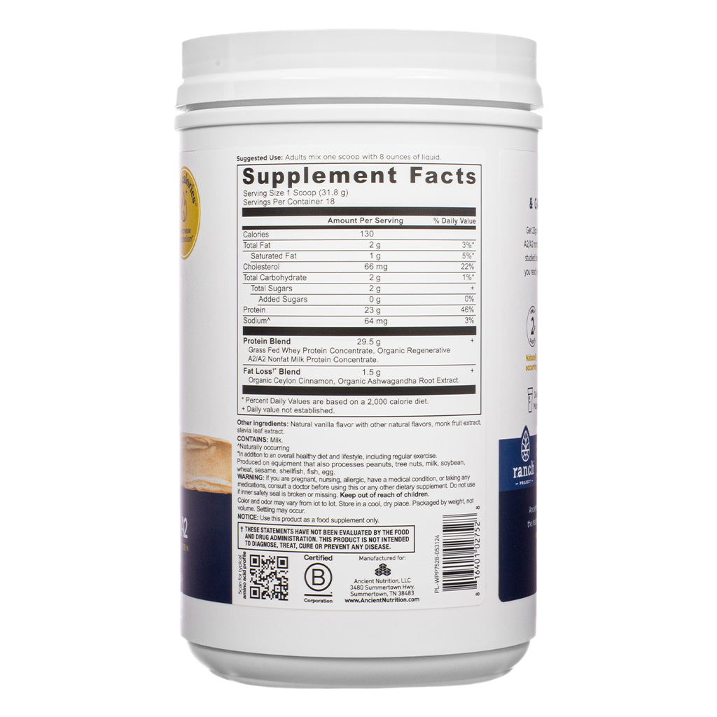 The supplement facts panel of Ancient Nutrition Whey Protein + Fat Loss Blend Vanilla Cinnamon 20.2 oz lists macros per serving, protein sources, and the Fat Loss Blend with cinnamon and ashwagandha. Includes usage directions and certifications.