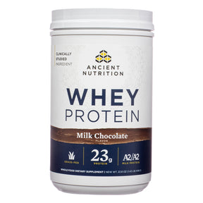 Ancient Nutrition Whey Protein Milk Chocolate powder white 22.8 oz tub with blue and brown front label