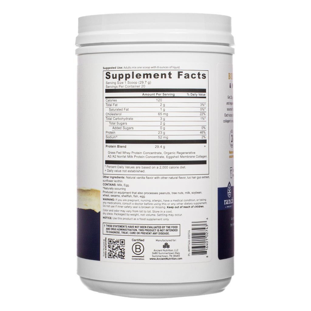 Supplement facts panel of Ancient Nutrition Whey Protein Powder - Vanilla Bean 21 oz, detailing 120 calories, 23g protein, 2g total fat, and the blend of whey and A2/A2 milk protein with eggshell membrane collagen.