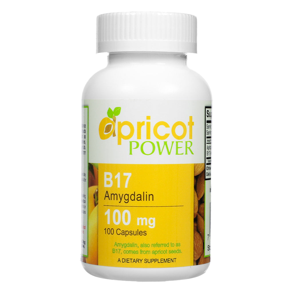 Front label view of Apricot Power B17 Amygdalin 100mg 100 Capsules, featuring a bold yellow design and highlighting apricot seed extract content for general dietary support.