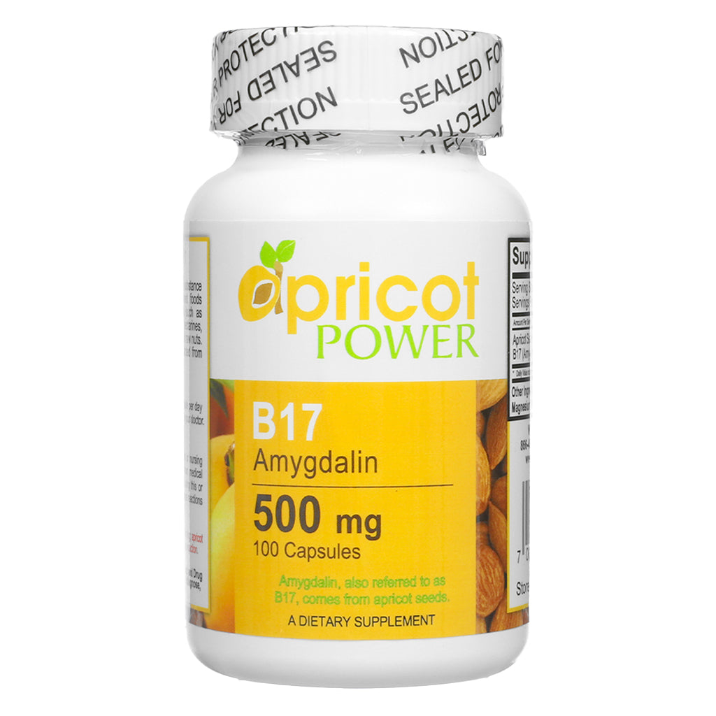 Front label view of Apricot Power B17 Amygdalin 500mg 100 Capsules, highlighting apricot seed-derived amygdalin content and dietary supplement classification.